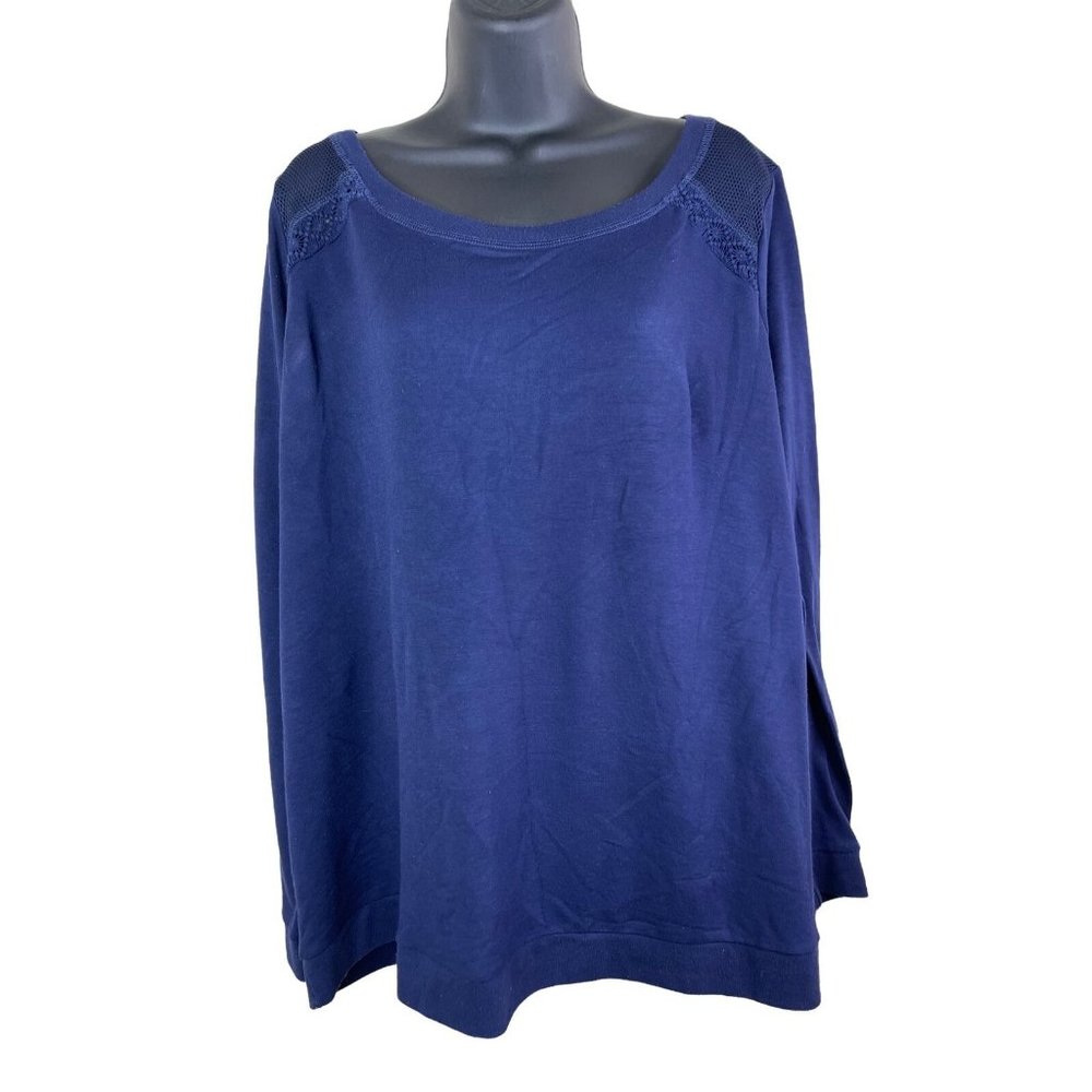 Love & Legend Top Womens Plus Size 3X Long Sleeve Solid Blue Mesh Back Stretch